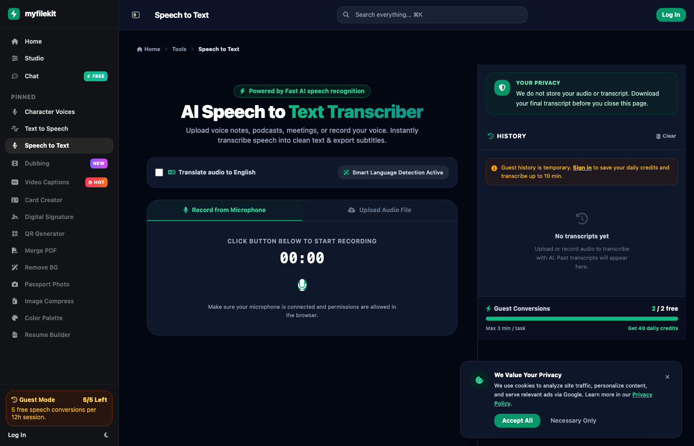 MyFileKit Speech to Text recorder and transcript history screen