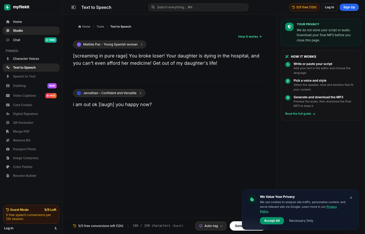MyFileKit Text to Speech studio with voice and script controls